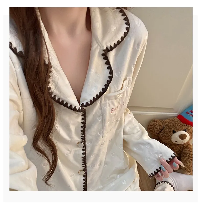 638Y# 겨울 신상품 두꺼운 아일랜드 플리스 파자마 여성 달콤한 카디건 칼라 홈웨어 세트 260g · 도매 · OEM · 전 세계 배송 - Detail 3