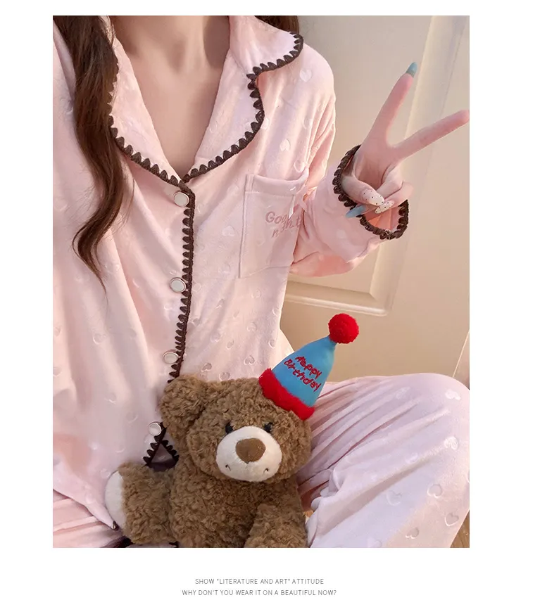 638Y# 겨울 신상품 두꺼운 아일랜드 플리스 파자마 여성 달콤한 카디건 칼라 홈웨어 세트 260g · 도매 · OEM · 전 세계 배송 - Detail 14