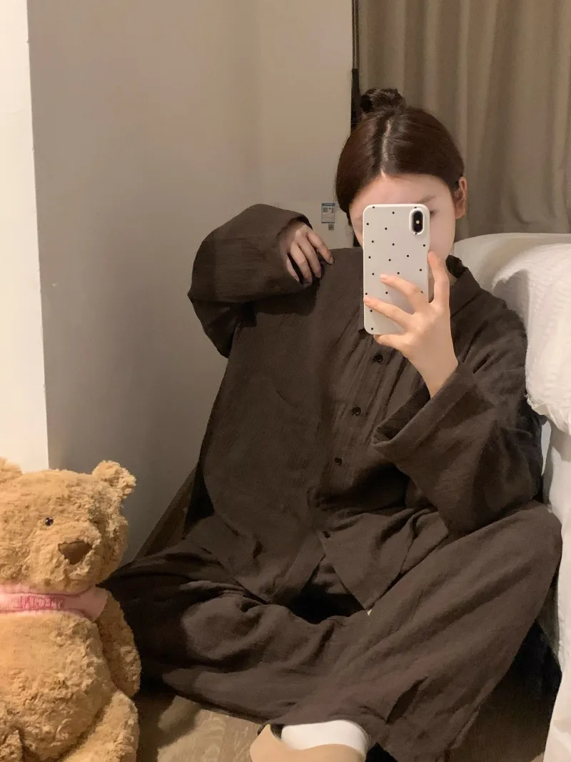 6398 Maillard Solid Color 2026 Spring Autumn New Pajamas Women's Influencer INS Style Korean Version Loungewear Set · Wholesale · OEM · Worldwide Shipping - View 2