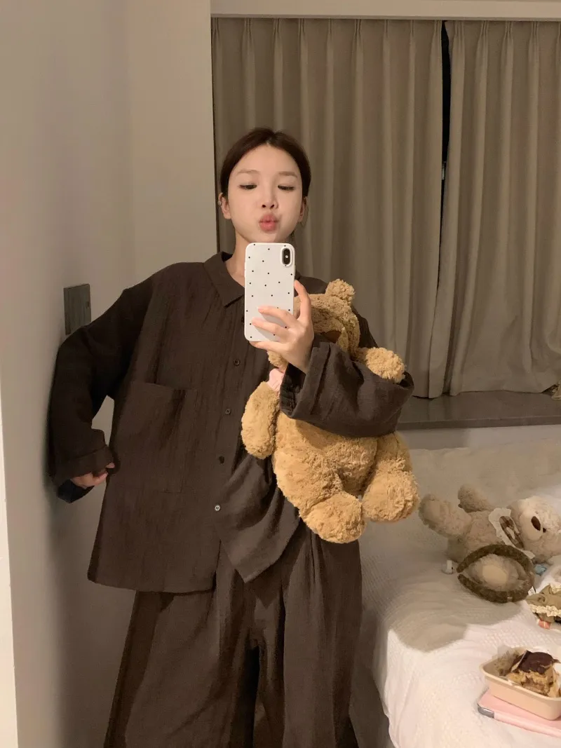 6398 Maillard Solid Color 2026 Spring Autumn New Pajamas Women's Influencer INS Style Korean Version Loungewear Set · Wholesale · OEM · Worldwide Shipping - Detail 8