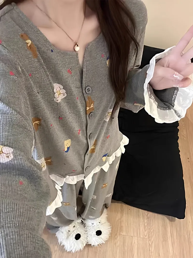 6472 Grey Bear 2026 Spring and Autumn New Pajamas Women's Influencer Style Korean Version Long Sleeve Long Pants Loungewear Set · Wholesale · OEM · Worldwide Shipping
