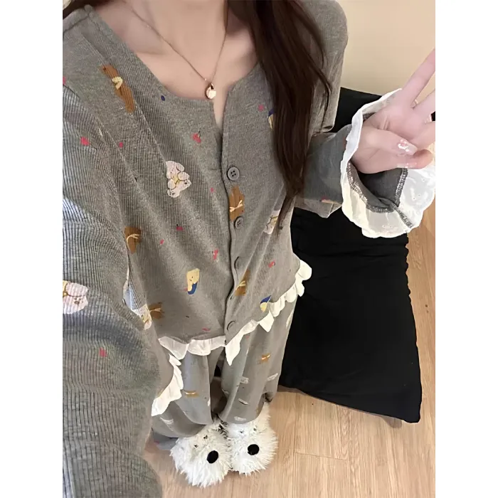 6472 Grey Bear 2026 Spring and Autumn New Pajamas Women's Influencer Style Korean Version Long Sleeve Long Pants Loungewear Set · Wholesale · OEM · Worldwide Shipping - Detail 1