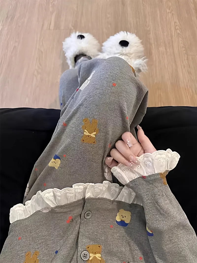 6472 Grey Bear 2026 Spring and Autumn New Pajamas Women's Influencer Style Korean Version Long Sleeve Long Pants Loungewear Set · Wholesale · OEM · Worldwide Shipping - Detail 3