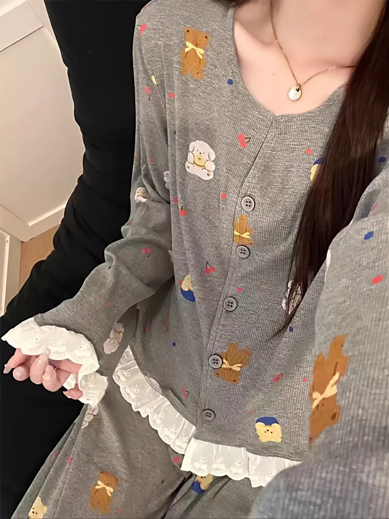 6472 Grey Bear 2026 Spring and Autumn New Pajamas Women's Influencer Style Korean Version Long Sleeve Long Pants Loungewear Set · Wholesale · OEM · Worldwide Shipping - View 2