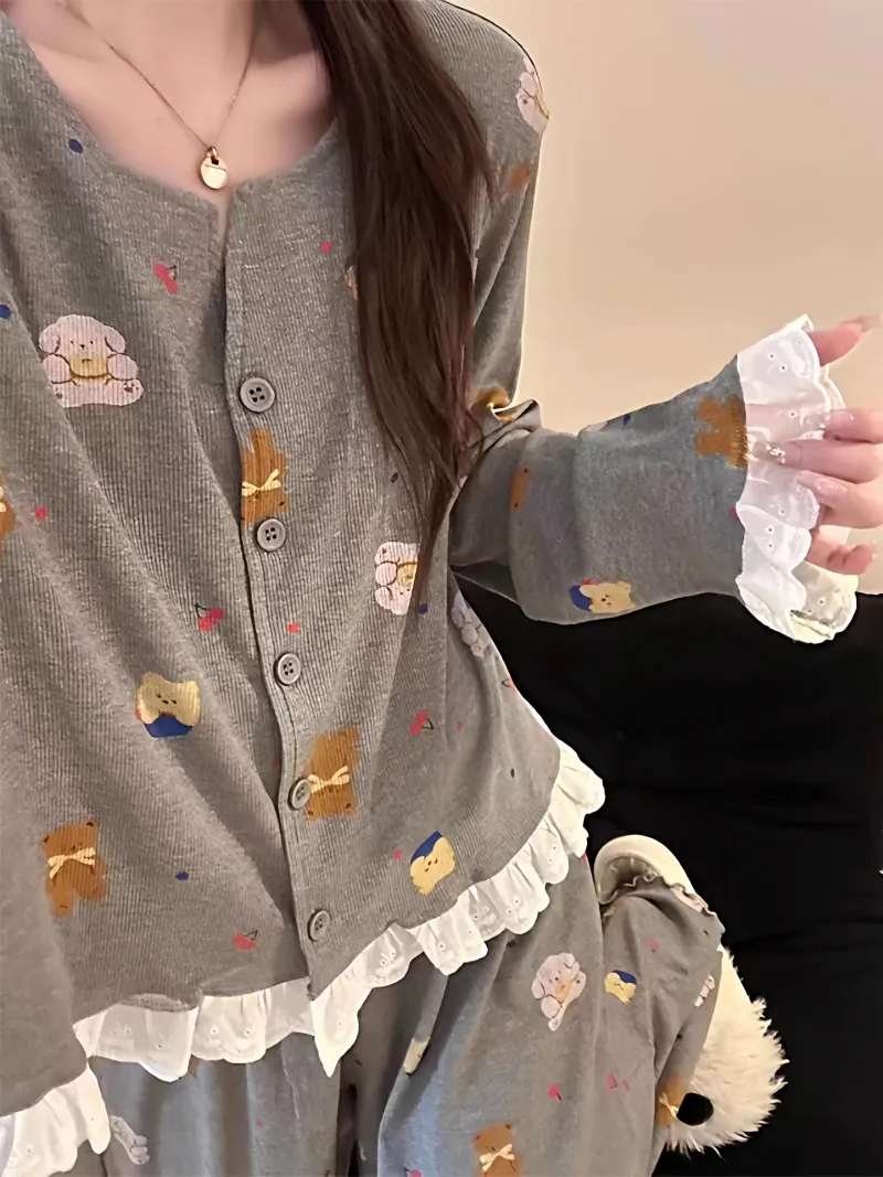 6472 Grey Bear 2026 Spring and Autumn New Pajamas Women's Influencer Style Korean Version Long Sleeve Long Pants Loungewear Set · Wholesale · OEM · Worldwide Shipping - View 1