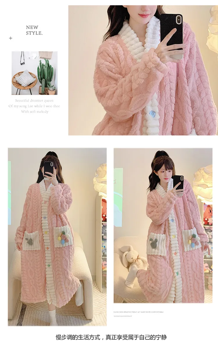 Women's Pajamas Winter New Long Plush Cutout Open-Front Nightdress Loose Plus Size Up to 110kg Wearable Loungewear M-5XL · Wholesale · OEM · Worldwide Shipping - Detail 6