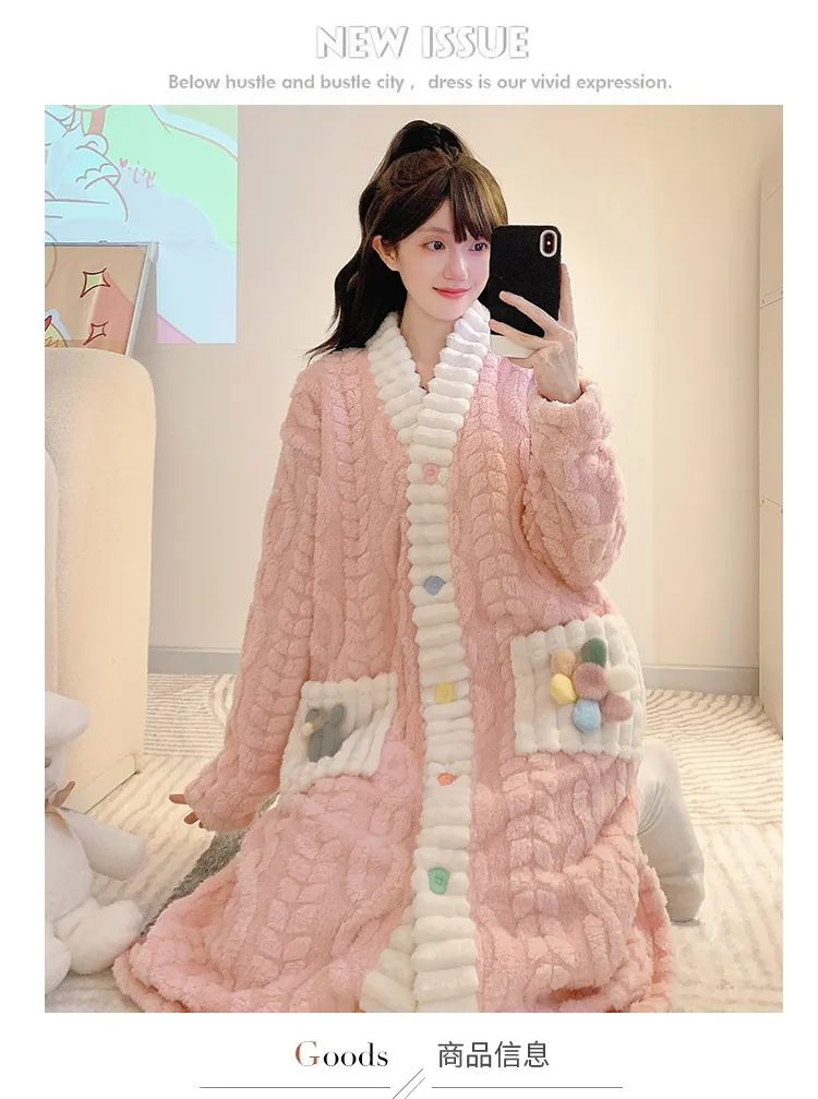 Women's Pajamas Winter New Long Plush Cutout Open-Front Nightdress Loose Plus Size Up to 110kg Wearable Loungewear M-5XL · Wholesale · OEM · Worldwide Shipping - Detail 1