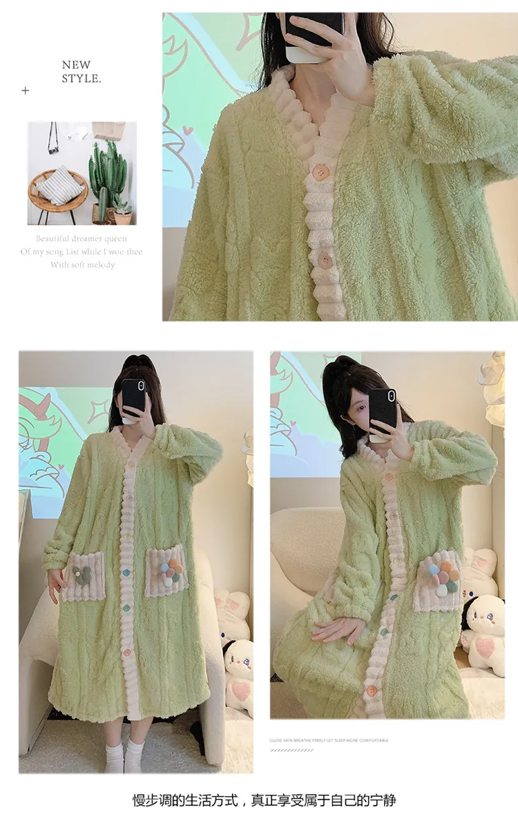Women's Pajamas Winter New Long Plush Cutout Open-Front Nightdress Loose Plus Size Up to 110kg Wearable Loungewear M-5XL · Wholesale · OEM · Worldwide Shipping - Detail 21