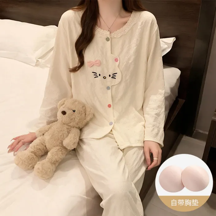 패드 내장 파자마 여성 가을겨울 2026 신상 구름 코튼 긴팔 긴바지 카툰 귀여운 홈웨어 세트 · 도매 · OEM · 전 세계 배송 - Detail 2