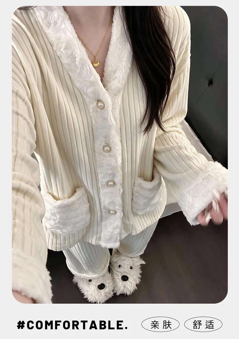Cashmere Pajamas for Women Autumn/Winter 2026 New Thickened Warm Comfortable Sweet and Cute Homewear Two-Piece Set · Wholesale · OEM · Worldwide Shipping - Detail 7