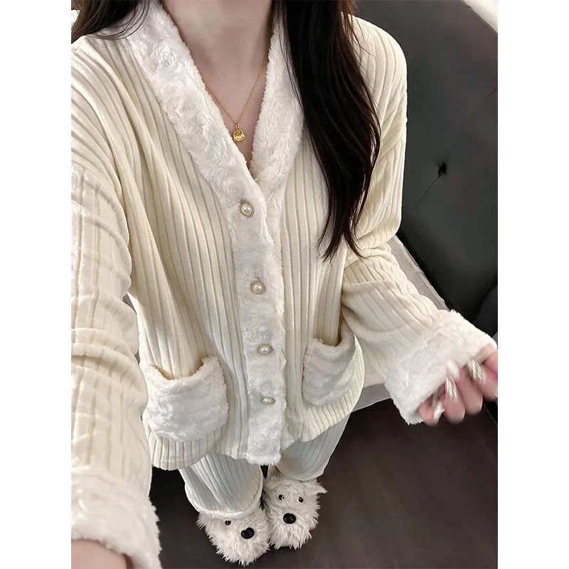 Cashmere Pajamas for Women Autumn/Winter 2026 New Thickened Warm Comfortable Sweet and Cute Homewear Two-Piece Set · Wholesale · OEM · Worldwide Shipping - View 1