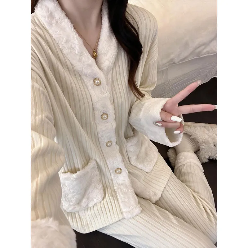 Cashmere Pajamas for Women Autumn/Winter 2026 New Thickened Warm Comfortable Sweet and Cute Homewear Two-Piece Set · Wholesale · OEM · Worldwide Shipping - View 4