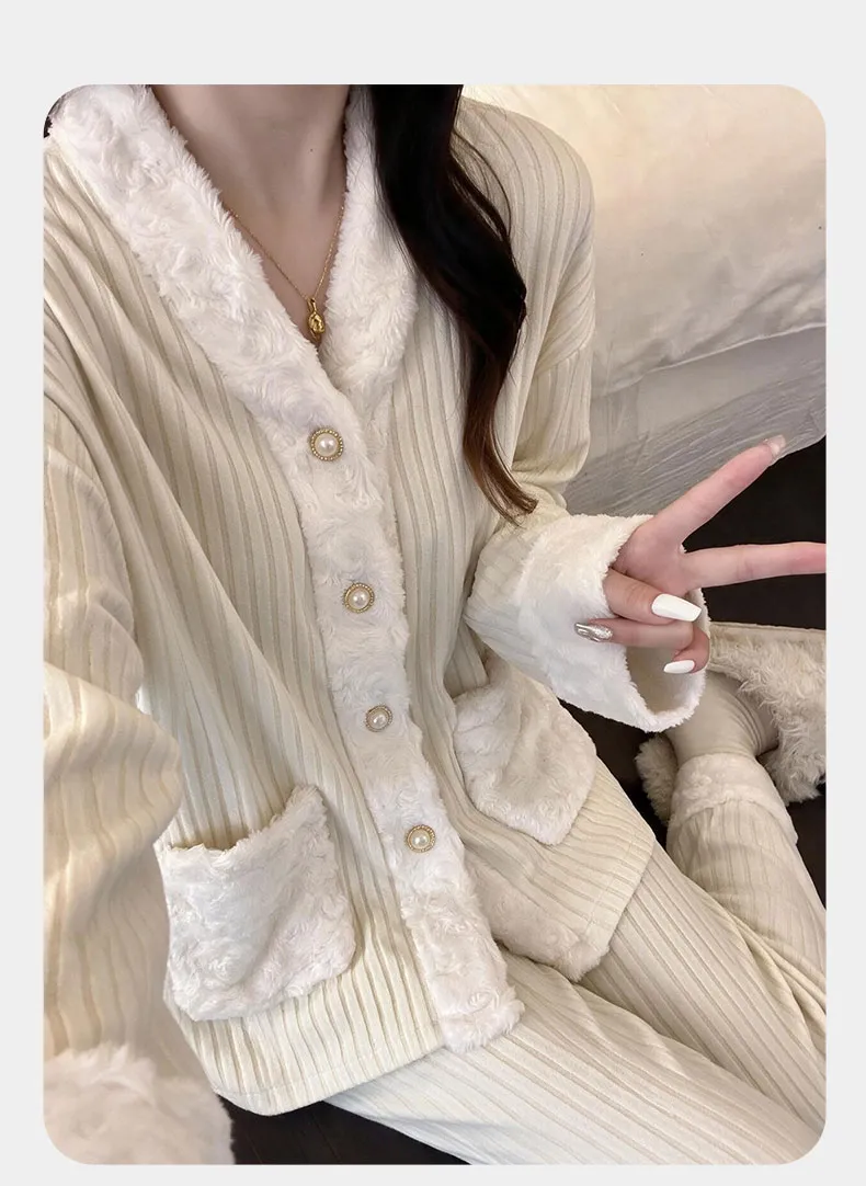 Cashmere Pajamas for Women Autumn/Winter 2026 New Thickened Warm Comfortable Sweet and Cute Homewear Two-Piece Set · Wholesale · OEM · Worldwide Shipping - Detail 8