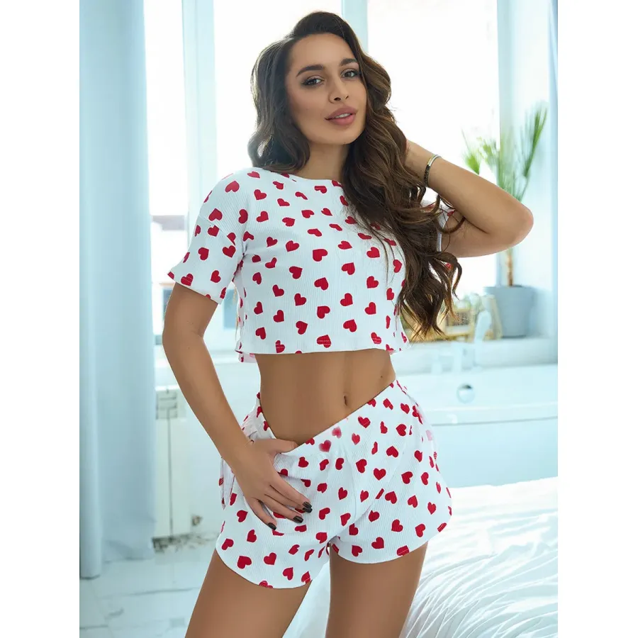 2025 Cross-Border Europe & US Women's Heart Print Casual Pajama Set, Short Sleeve Top and High-Slit Shorts, Spring/Summer Two-Piece Loungewear · Wholesale · OEM · Worldwide Shipping