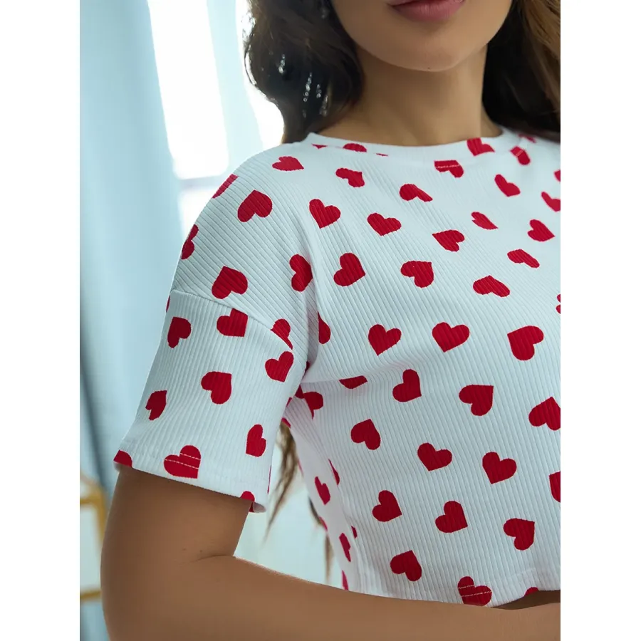 2025 Cross-Border Europe & US Women's Heart Print Casual Pajama Set, Short Sleeve Top and High-Slit Shorts, Spring/Summer Two-Piece Loungewear · Wholesale · OEM · Worldwide Shipping - Detail 6