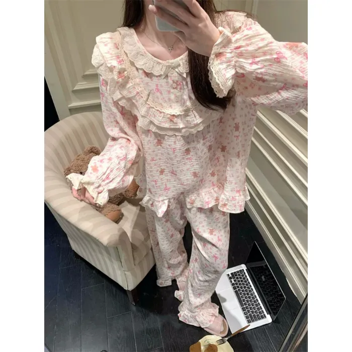 6596 Palace-Style Bear 2027 Spring/Autumn New Korean-Style Pajamas Women Influencer-Style Long-Sleeve Loungewear Set · Wholesale · OEM · Worldwide Shipping - Detail 1