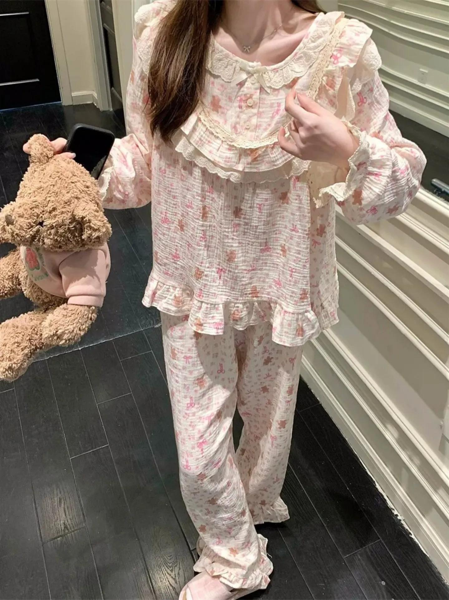 6596 Palace-Style Bear 2027 Spring/Autumn New Korean-Style Pajamas Women Influencer-Style Long-Sleeve Loungewear Set · Wholesale · OEM · Worldwide Shipping - Detail 12