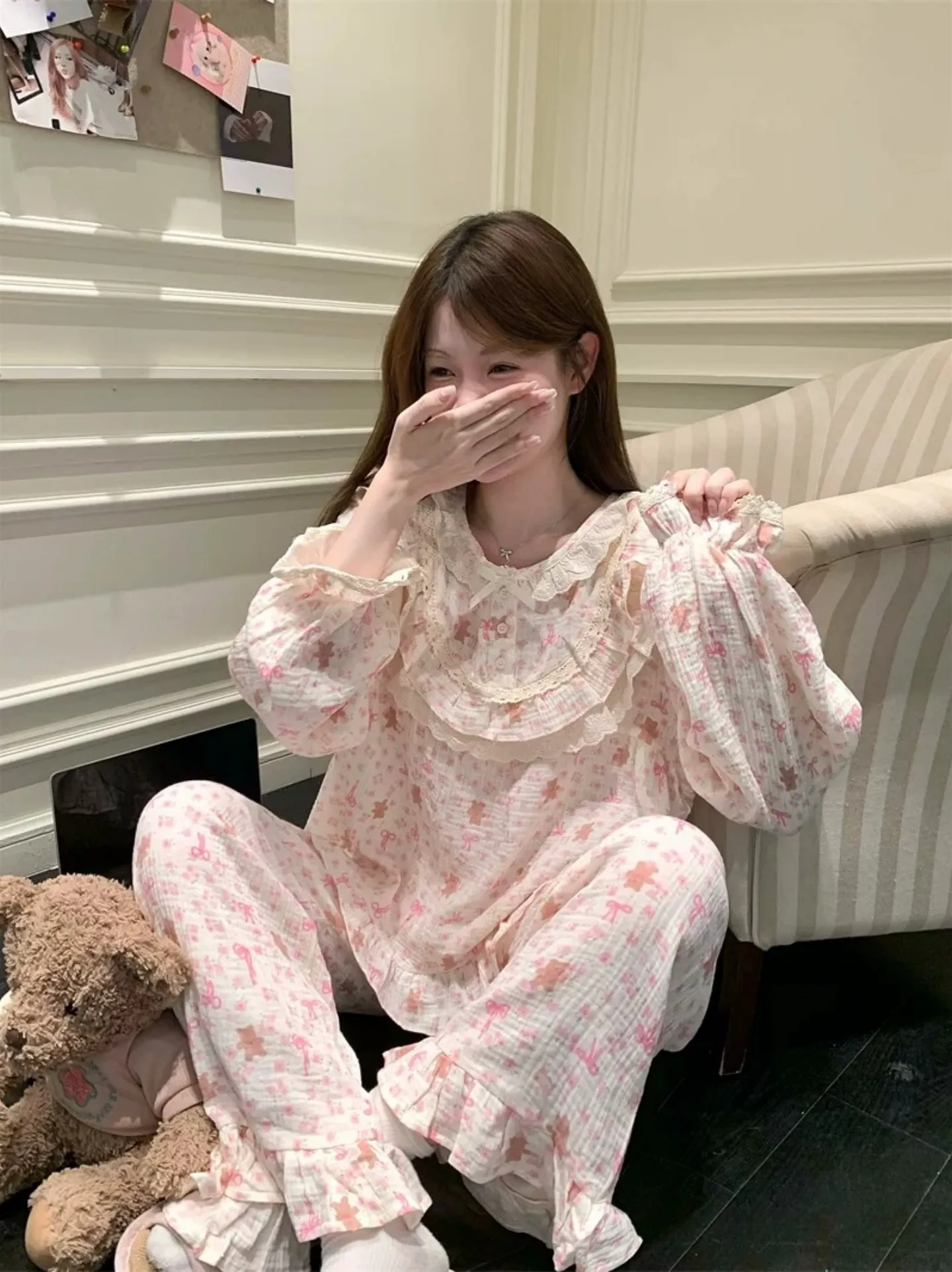 6596 Palace-Style Bear 2027 Spring/Autumn New Korean-Style Pajamas Women Influencer-Style Long-Sleeve Loungewear Set · Wholesale · OEM · Worldwide Shipping - Detail 19