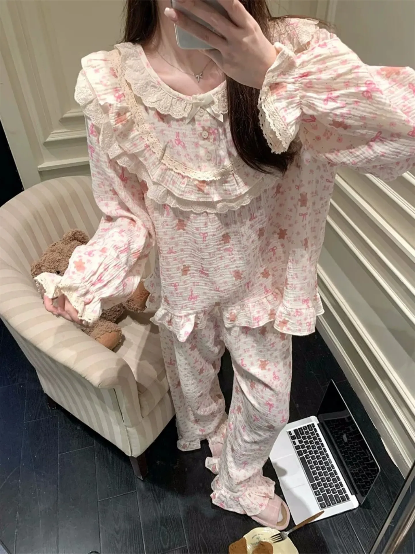 6596 Palace-Style Bear 2027 Spring/Autumn New Korean-Style Pajamas Women Influencer-Style Long-Sleeve Loungewear Set · Wholesale · OEM · Worldwide Shipping - Detail 15