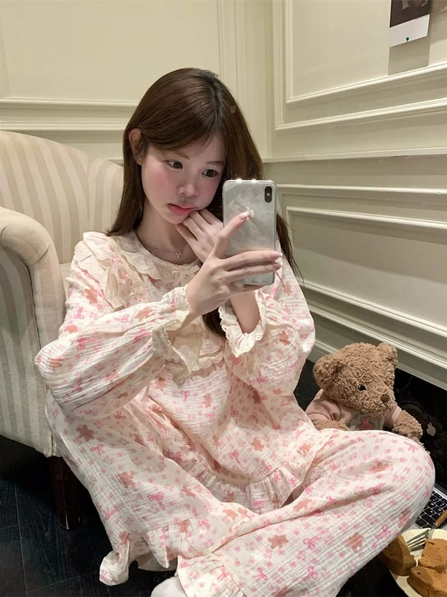 6596 Palace-Style Bear 2027 Spring/Autumn New Korean-Style Pajamas Women Influencer-Style Long-Sleeve Loungewear Set · Wholesale · OEM · Worldwide Shipping - Detail 10