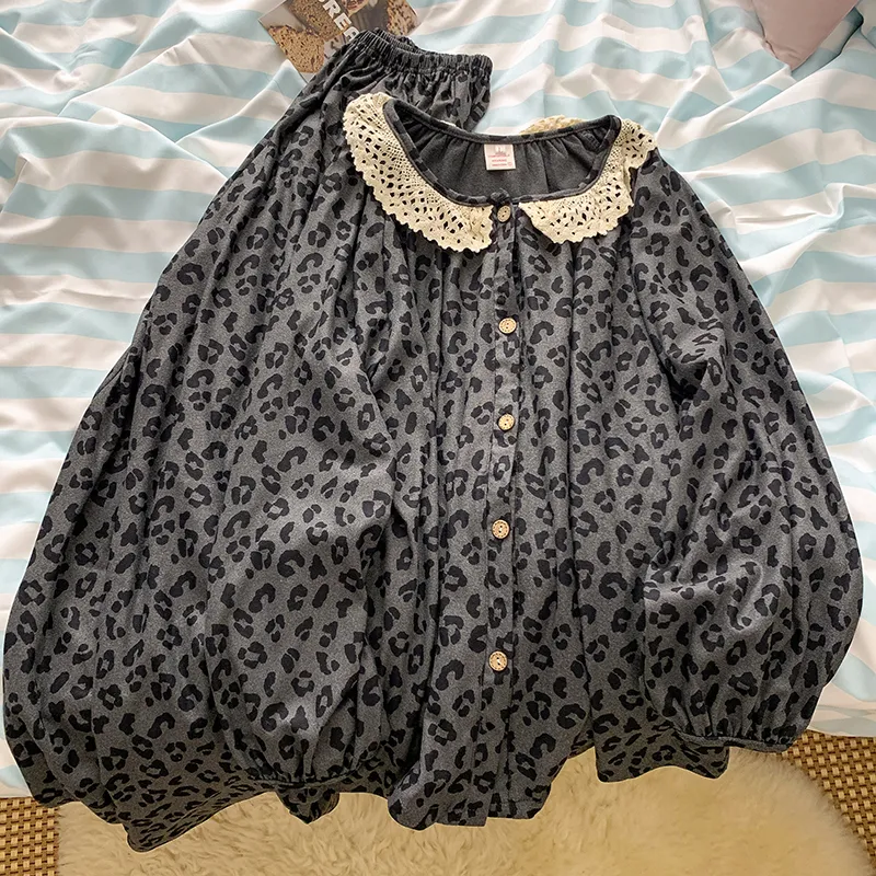 Premium Leopard Print Pajamas for Women Spring Autumn Winter Thickened German Velvet Lace Doll Collar Loungewear Set Wearable Outside · Wholesale · OEM · Worldwide Shipping