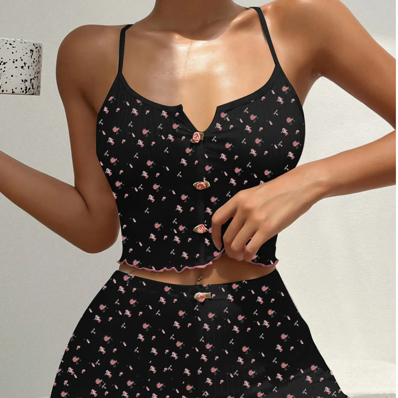Cross-Border New Cute Printed Ribbed Jacquard Camisole Pajama Set for Amazon and AliExpress, Comfortable Loungewear · Wholesale · OEM · Worldwide Shipping - View 1