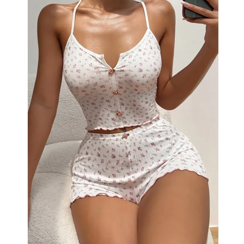 Cross-Border New Cute Printed Ribbed Jacquard Camisole Pajama Set for Amazon and AliExpress, Comfortable Loungewear · Wholesale · OEM · Worldwide Shipping - Detail 7