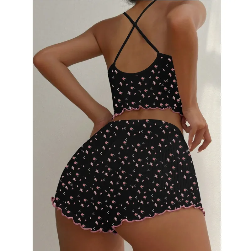 Cross-Border New Cute Printed Ribbed Jacquard Camisole Pajama Set for Amazon and AliExpress, Comfortable Loungewear · Wholesale · OEM · Worldwide Shipping - Detail 9