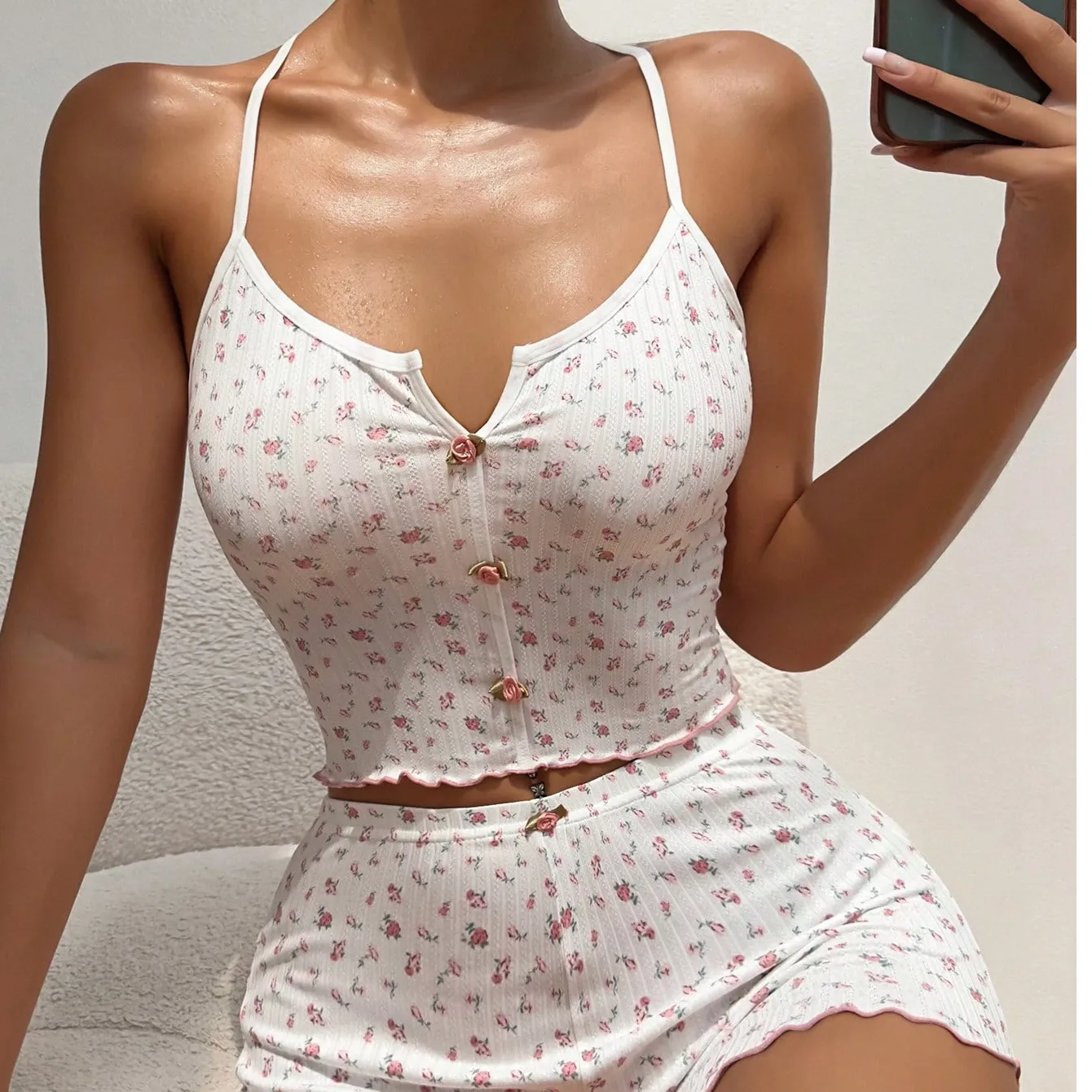 Cross-Border New Cute Printed Ribbed Jacquard Camisole Pajama Set for Amazon and AliExpress, Comfortable Loungewear · Wholesale · OEM · Worldwide Shipping - View 4