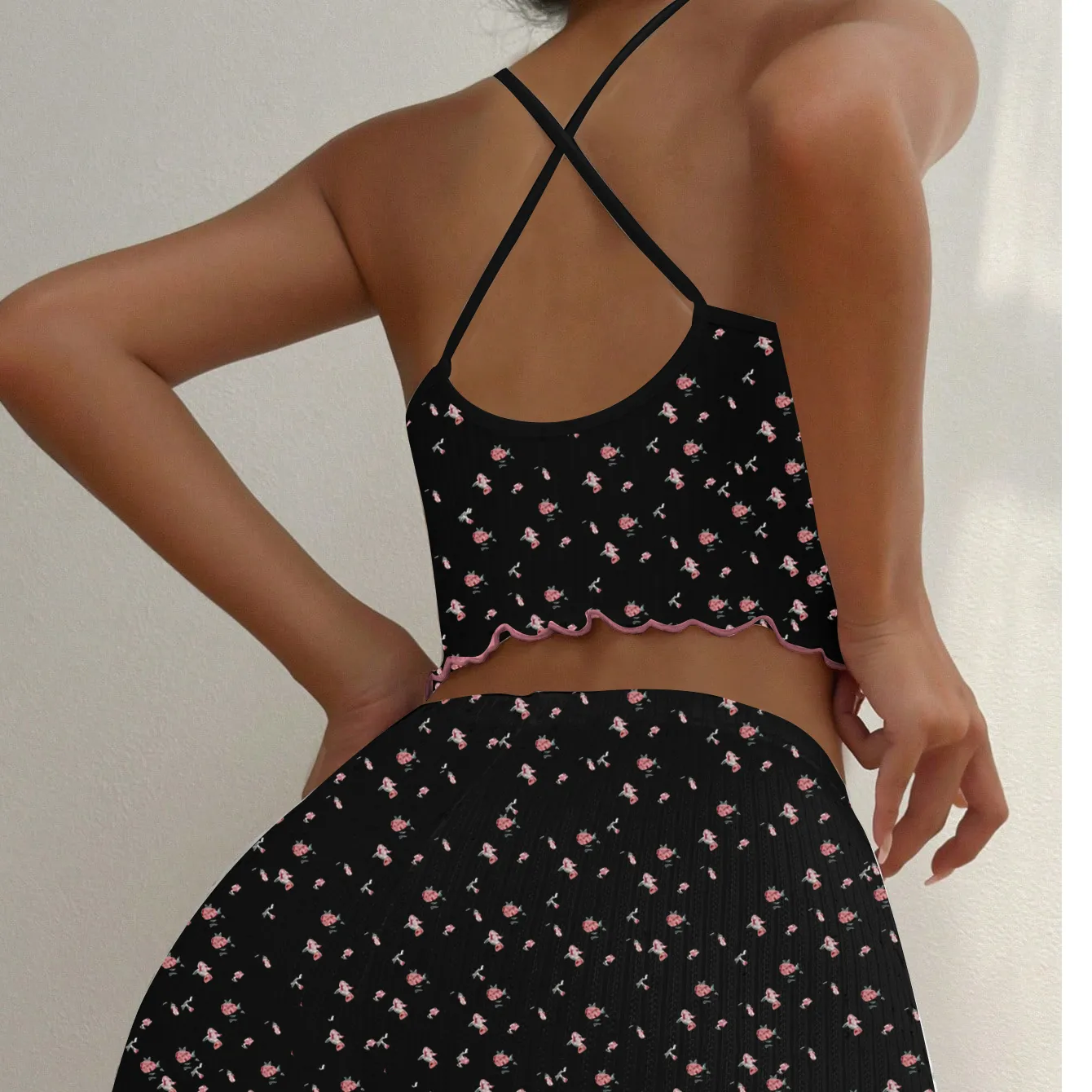 Cross-Border New Cute Printed Ribbed Jacquard Camisole Pajama Set for Amazon and AliExpress, Comfortable Loungewear · Wholesale · OEM · Worldwide Shipping