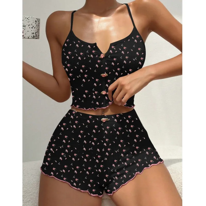 Cross-Border New Cute Printed Ribbed Jacquard Camisole Pajama Set for Amazon and AliExpress, Comfortable Loungewear · Wholesale · OEM · Worldwide Shipping - Detail 8