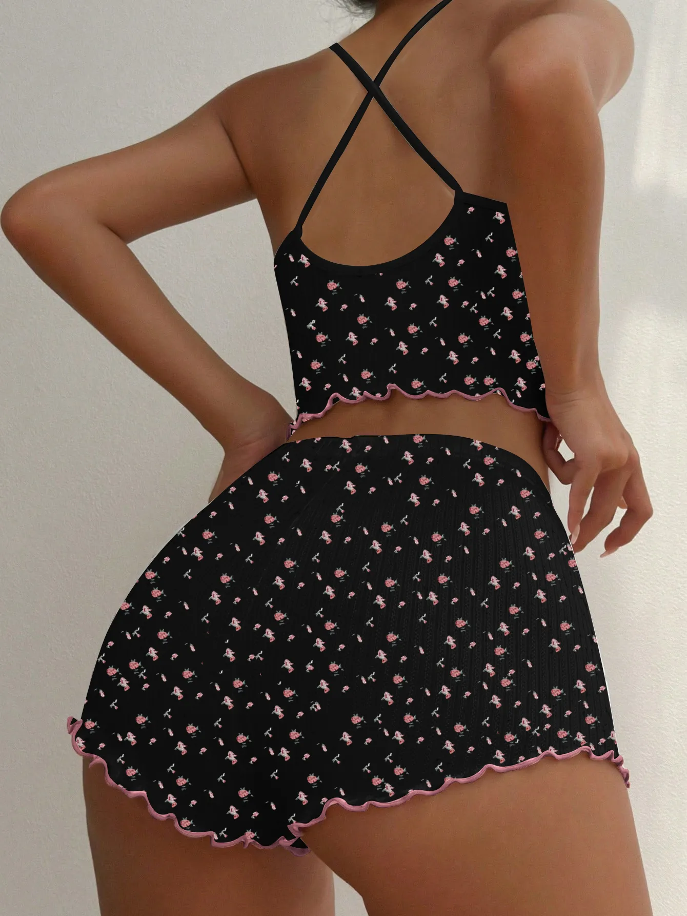 Cross-Border New Cute Printed Ribbed Jacquard Camisole Pajama Set for Amazon and AliExpress, Comfortable Loungewear · Wholesale · OEM · Worldwide Shipping - Detail 4