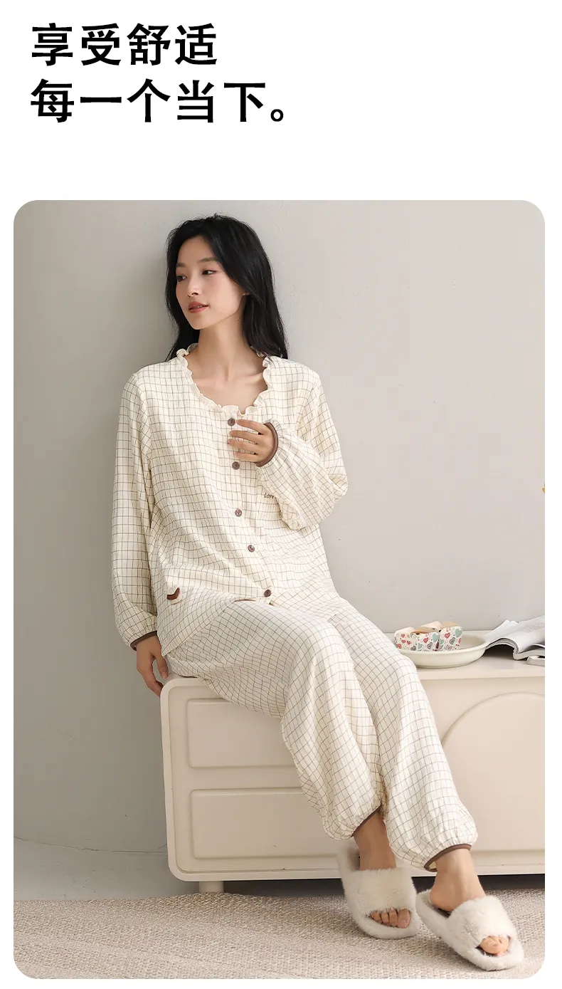 Autumn Cloud Cotton Long Sleeve Long Pants Women's Pajama Set with Chest Pads Spring Cardigan Live Streaming Spring Autumn Pajamas Loungewear · Wholesale · OEM · Worldwide Shipping - Detail 11