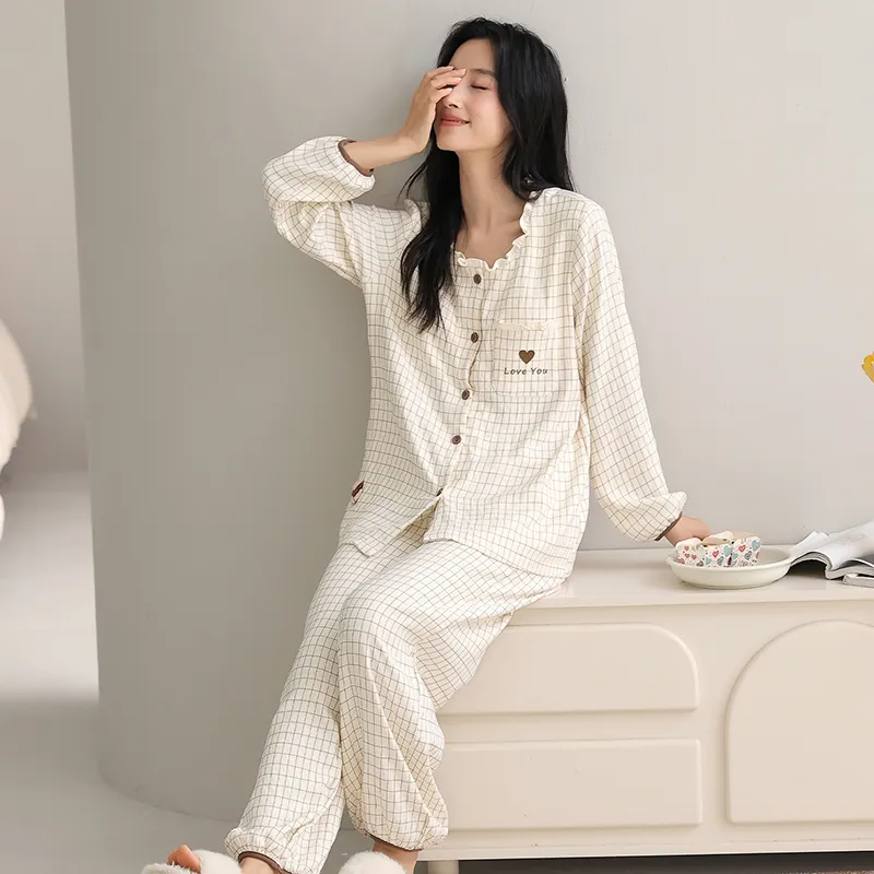 Autumn Cloud Cotton Long Sleeve Long Pants Women's Pajama Set with Chest Pads Spring Cardigan Live Streaming Spring Autumn Pajamas Loungewear · Wholesale · OEM · Worldwide Shipping - View 1
