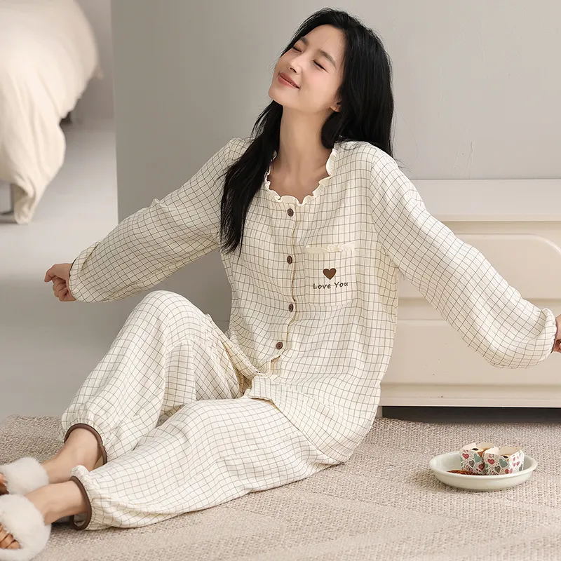 Autumn Cloud Cotton Long Sleeve Long Pants Women's Pajama Set with Chest Pads Spring Cardigan Live Streaming Spring Autumn Pajamas Loungewear · Wholesale · OEM · Worldwide Shipping - View 2