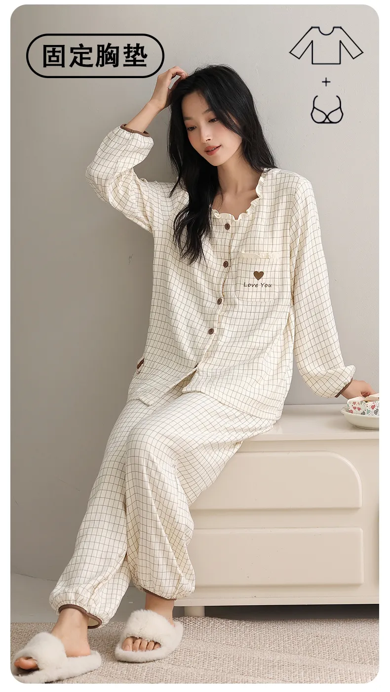 Autumn Cloud Cotton Long Sleeve Long Pants Women's Pajama Set with Chest Pads Spring Cardigan Live Streaming Spring Autumn Pajamas Loungewear · Wholesale · OEM · Worldwide Shipping - Detail 2