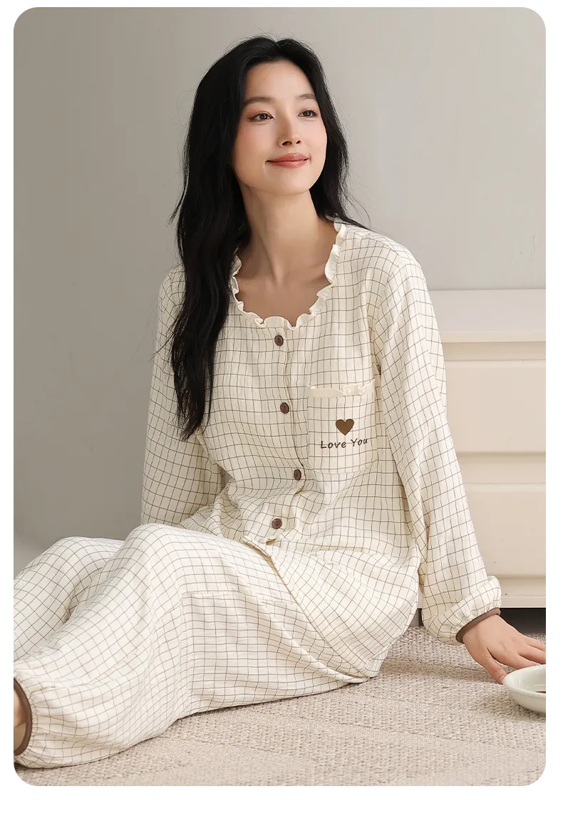 Autumn Cloud Cotton Long Sleeve Long Pants Women's Pajama Set with Chest Pads Spring Cardigan Live Streaming Spring Autumn Pajamas Loungewear · Wholesale · OEM · Worldwide Shipping - Detail 12
