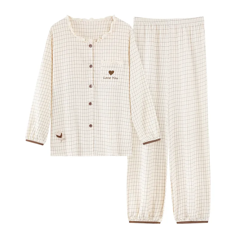 Autumn Cloud Cotton Long Sleeve Long Pants Women's Pajama Set with Chest Pads Spring Cardigan Live Streaming Spring Autumn Pajamas Loungewear · Wholesale · OEM · Worldwide Shipping - View 3