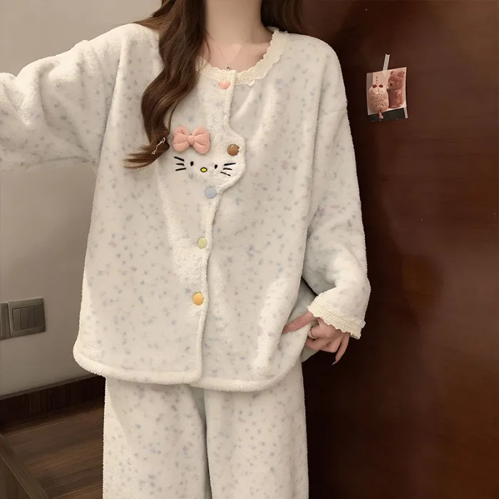 Pyjama femme en polaire corail, automne-hiver, épais et doublé, chaud, style doux et mignon, ensemble de deux pièces en flanelle pour la maison · Grossiste · OEM · Mondial - Detail 1