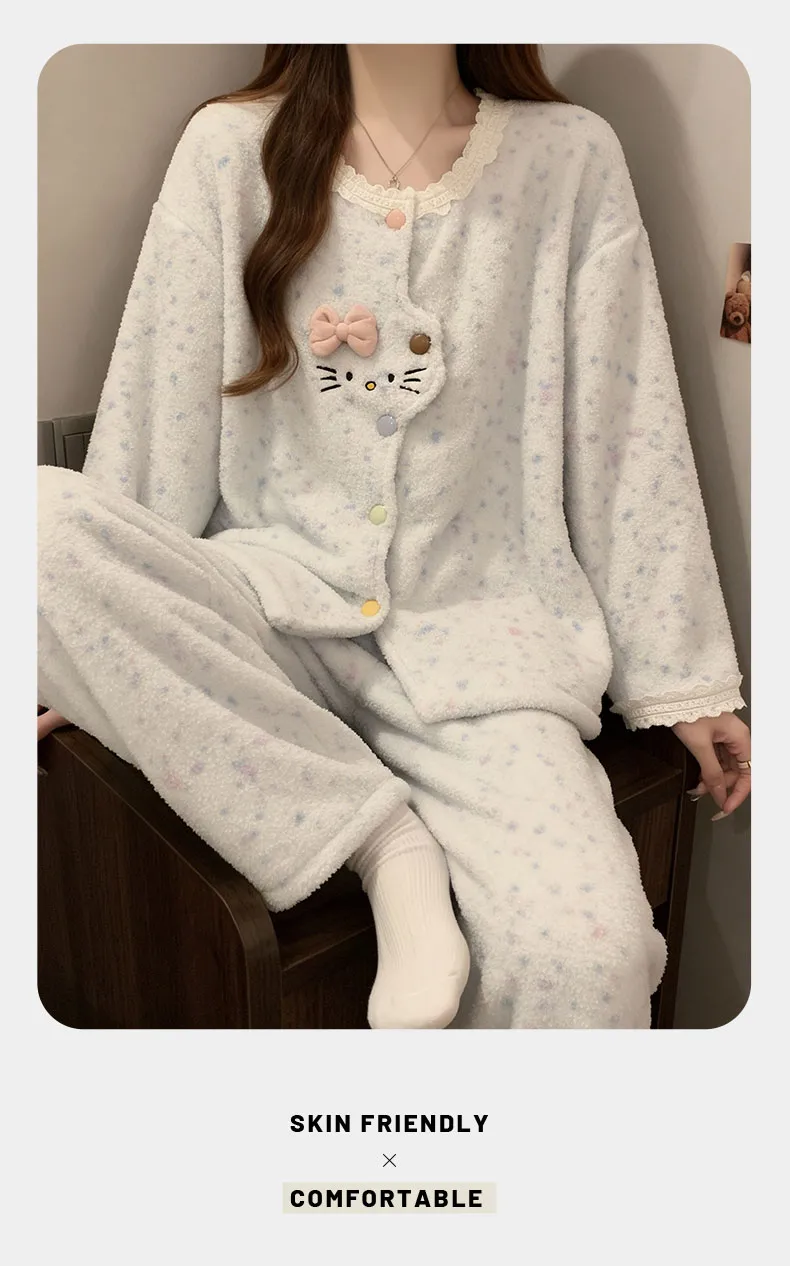 Pyjama femme en polaire corail, automne-hiver, épais et doublé, chaud, style doux et mignon, ensemble de deux pièces en flanelle pour la maison · Grossiste · OEM · Mondial - Detail 15