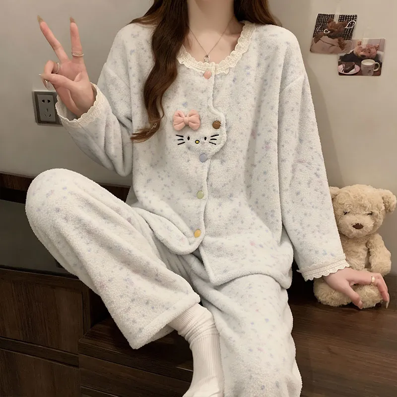 Pyjama femme en polaire corail, automne-hiver, épais et doublé, chaud, style doux et mignon, ensemble de deux pièces en flanelle pour la maison · Grossiste · OEM · Mondial - View 3