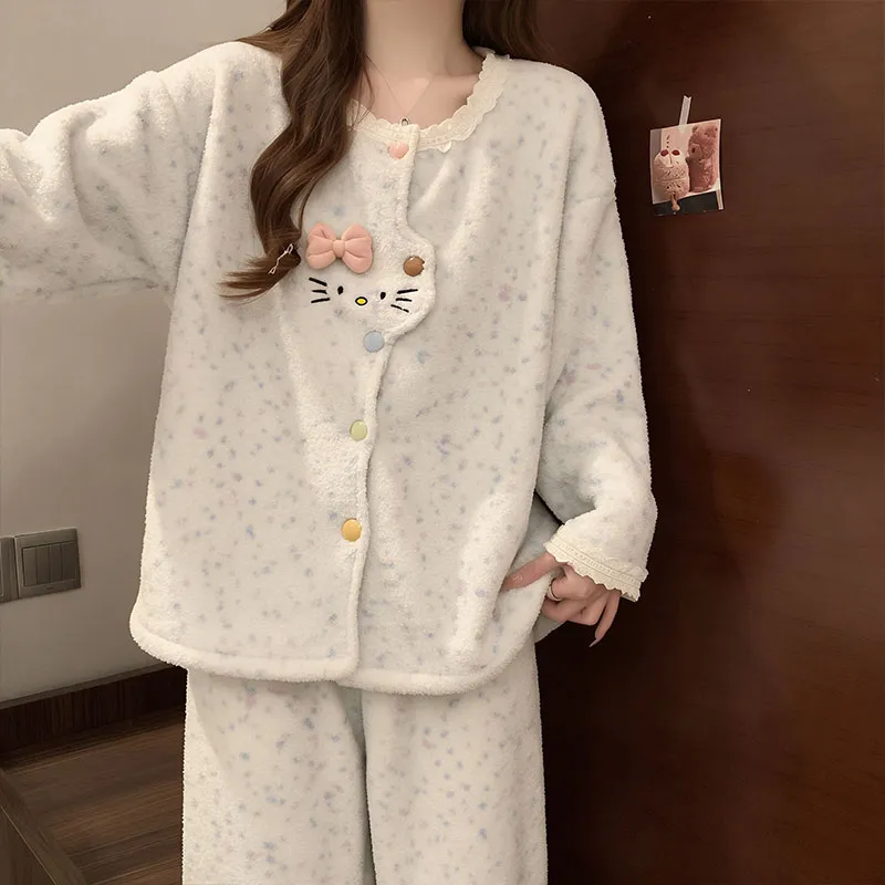 Pyjama femme en polaire corail, automne-hiver, épais et doublé, chaud, style doux et mignon, ensemble de deux pièces en flanelle pour la maison · Grossiste · OEM · Mondial