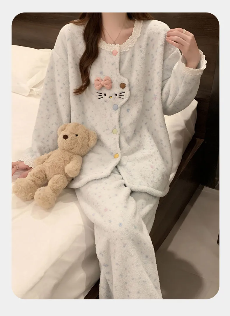 Pyjama femme en polaire corail, automne-hiver, épais et doublé, chaud, style doux et mignon, ensemble de deux pièces en flanelle pour la maison · Grossiste · OEM · Mondial - Detail 18