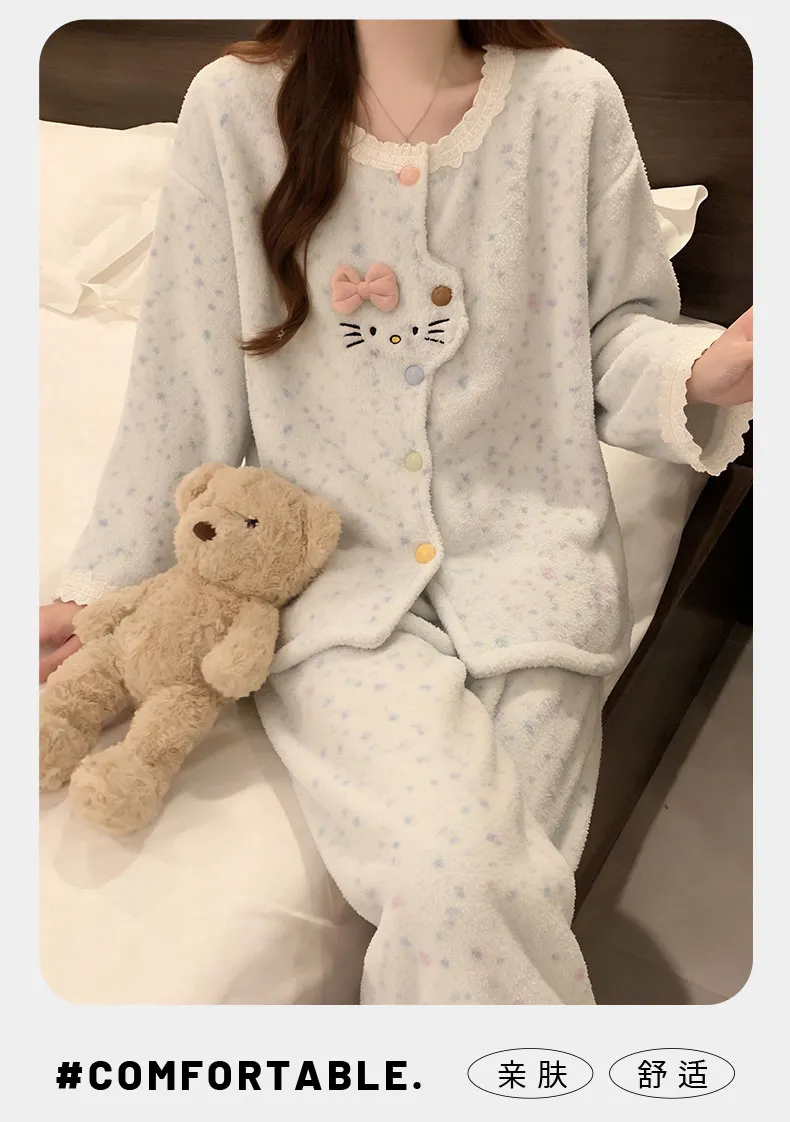 Pyjama femme en polaire corail, automne-hiver, épais et doublé, chaud, style doux et mignon, ensemble de deux pièces en flanelle pour la maison · Grossiste · OEM · Mondial - Detail 16