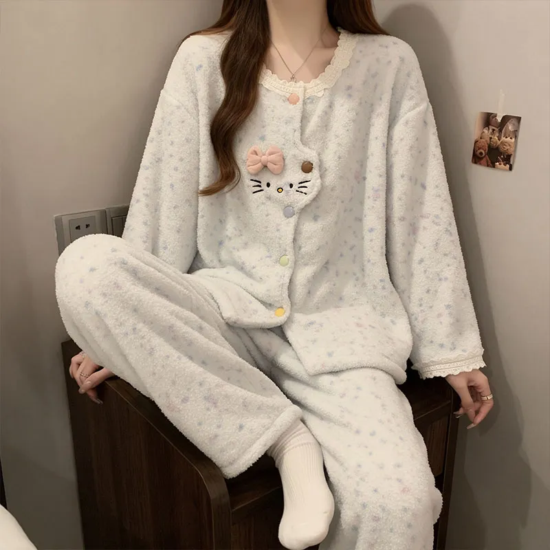 Pyjama femme en polaire corail, automne-hiver, épais et doublé, chaud, style doux et mignon, ensemble de deux pièces en flanelle pour la maison · Grossiste · OEM · Mondial - View 2