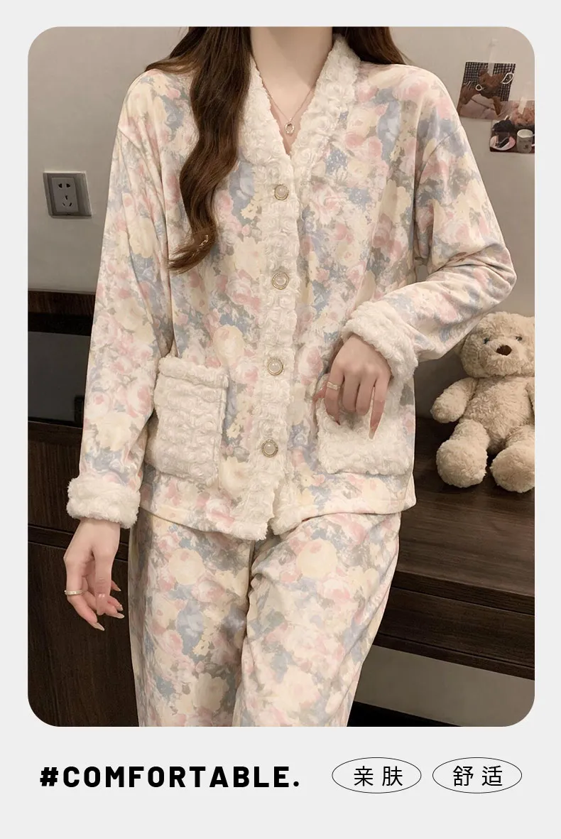 German Velvet Warm Pajamas Women Autumn Winter 2026 New Long Sleeve Long Pants Sweet Style Floral Loungewear Loose Set · Wholesale · OEM · Worldwide Shipping - Detail 16