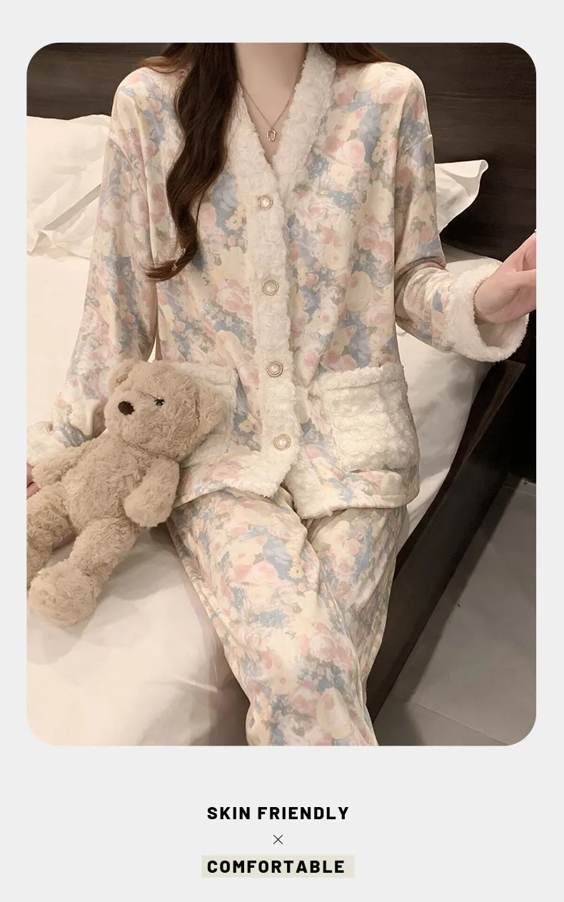 German Velvet Warm Pajamas Women Autumn Winter 2026 New Long Sleeve Long Pants Sweet Style Floral Loungewear Loose Set · Wholesale · OEM · Worldwide Shipping - Detail 15