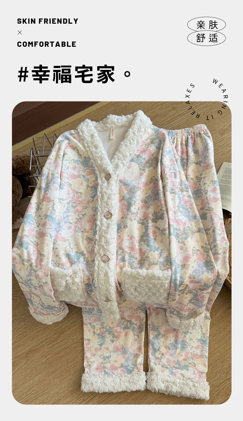 Pyjama de nuit chaud en velours polaire pour femme Automne Hiver 2026 Nouveauté Manches longues Pantalon long Style princesse douce et sucrée Vêtement d'intérieur Ensemble ample · Grossiste · OEM · Mondial - Detail 12