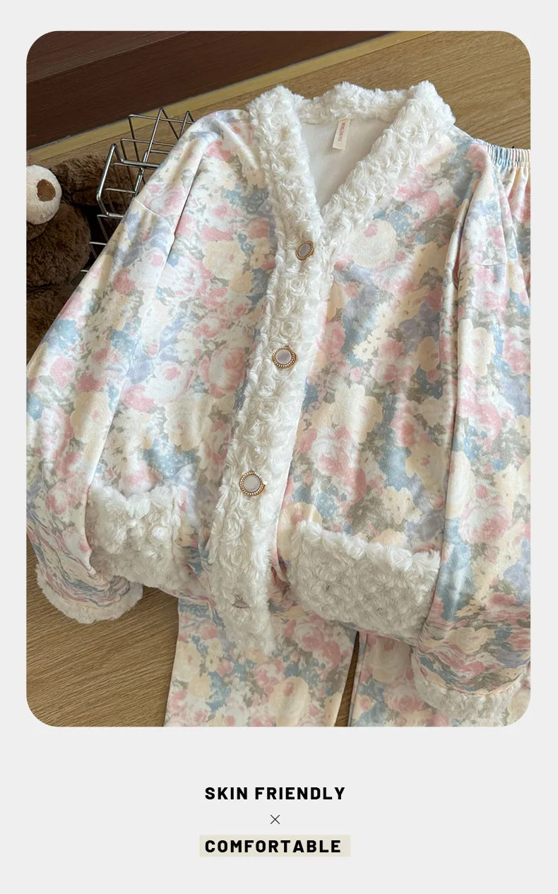 Pyjama de nuit chaud en velours polaire pour femme Automne Hiver 2026 Nouveauté Manches longues Pantalon long Style princesse douce et sucrée Vêtement d'intérieur Ensemble ample · Grossiste · OEM · Mondial - Detail 15