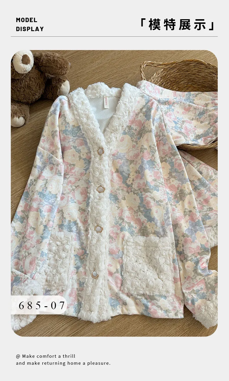 Pyjama de nuit chaud en velours polaire pour femme Automne Hiver 2026 Nouveauté Manches longues Pantalon long Style princesse douce et sucrée Vêtement d'intérieur Ensemble ample · Grossiste · OEM · Mondial - Detail 14